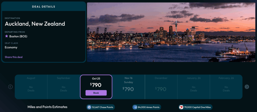 Screenshot from Daily Drop Pro dashboard showing $790 round trip flights from Boston to Auckland, New Zealand in October through Decemner.